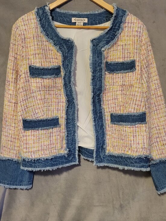 Nanette Lepore Jackets & Blazers - Nanette Lepore Pink Multi Sequin Denim Fringe Lined Open Blazer Women XL NWT